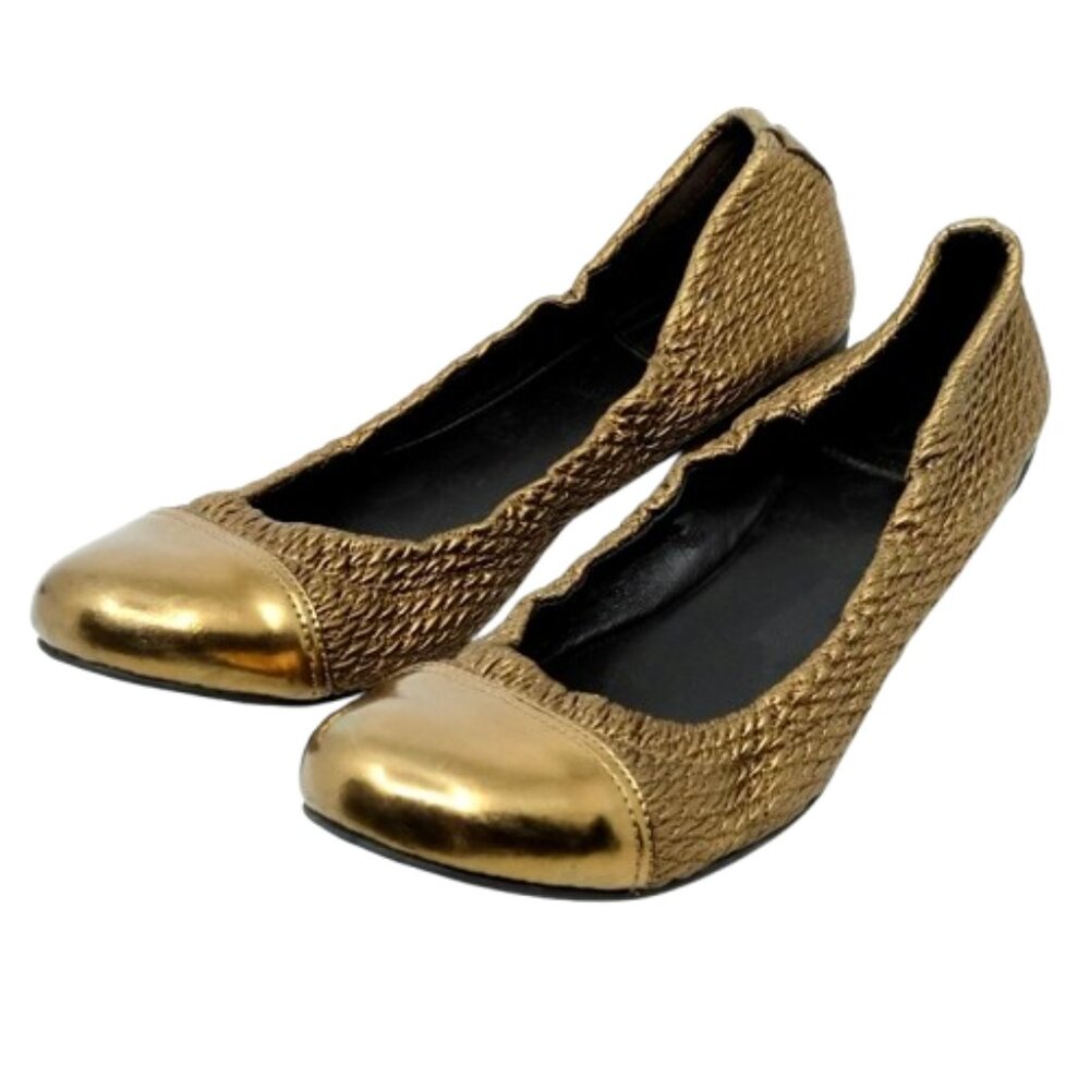 TORY BURCH~Anne Marie~GOLD CAP METALLIC BRONZE LEATHER BALLET FLAT SHOES SZ 7.5